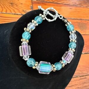 Small Lampwork Glass Bracelet - Silver Purple Blue Clear